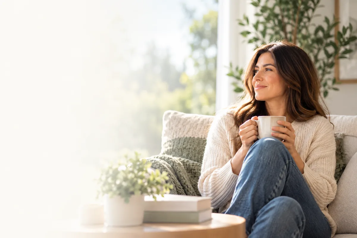 A woman relaxing with a warm cup of tea in soft natural light at home